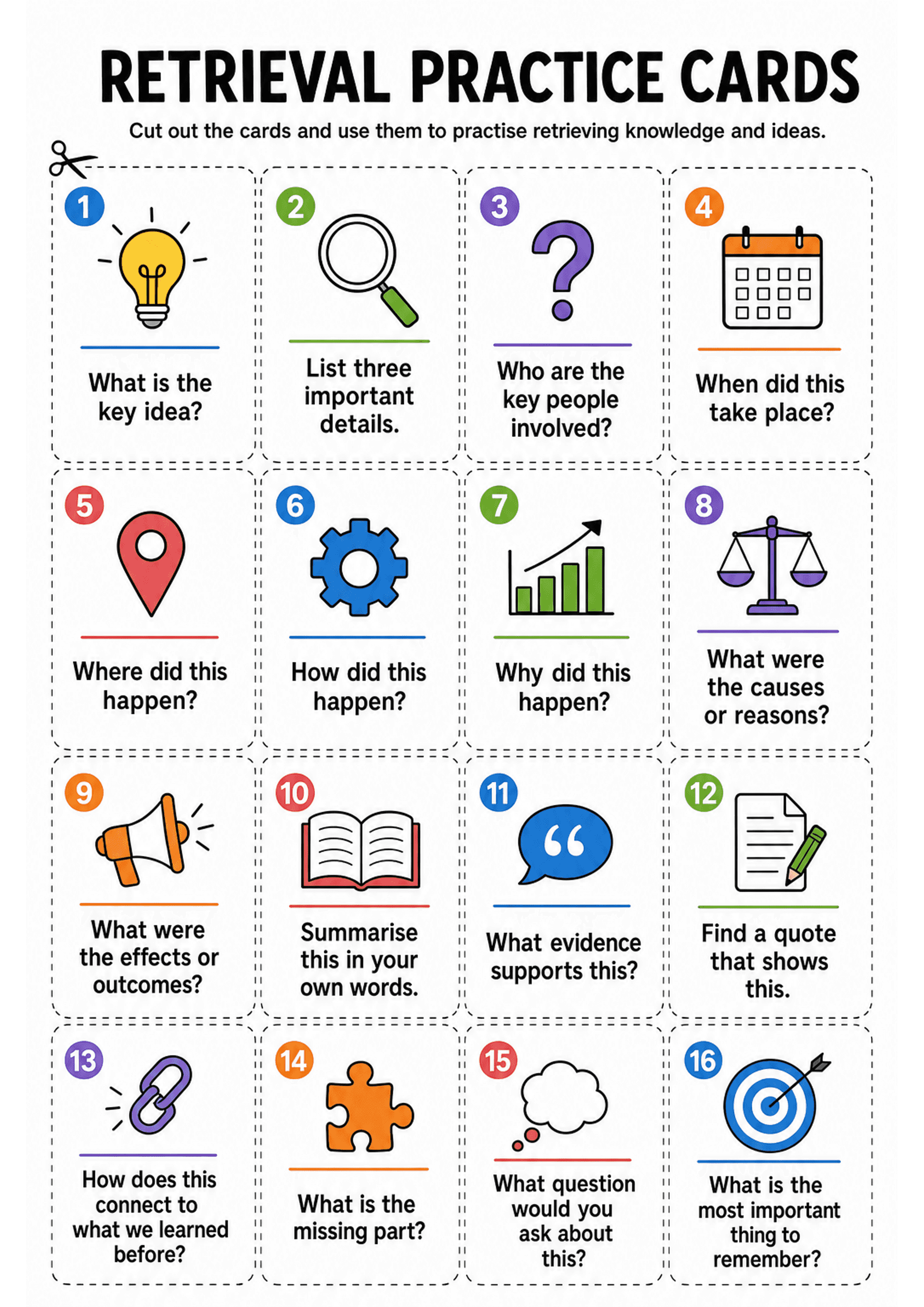 Retrieval Practice Cards: A single A4 page laid out as a 4 x 4 grid (16 cards) with dashed cut lines; each card has a coloured numbered circle (1–16), a large icon (e.g. lightbulb, magnifying glass, question mark, calendar, location pin, gear, bar chart, scales, megaphone, open book, speech bubble, document with pencil, chain link, puzzle piece, thought bubble, target), a coloured underline matching the number, and a short prompt in 1–3 lines. Header reads 'RETRIEVAL PRACTICE CARDS' with the in...
