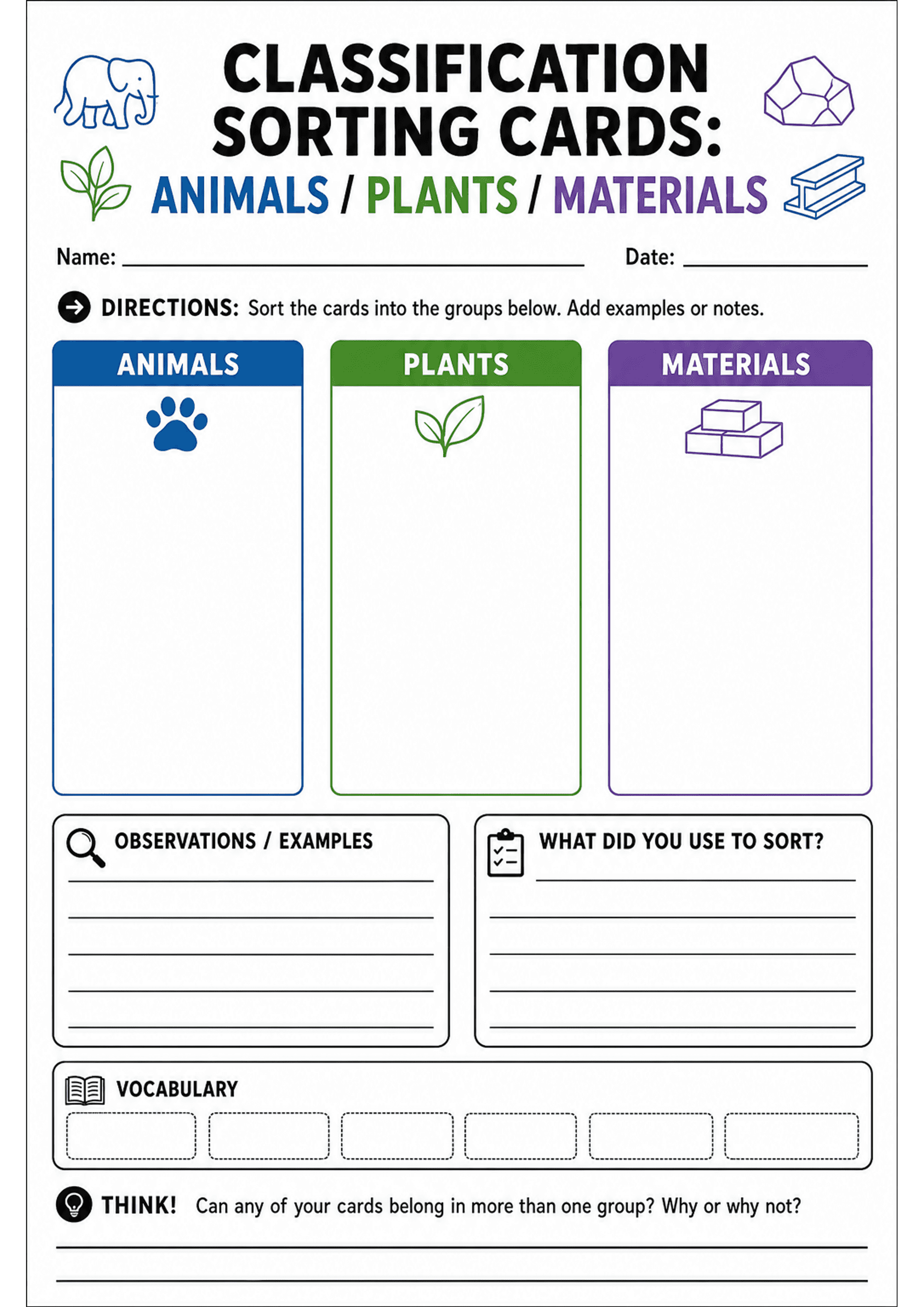 Classification Sorting Cards: Animals/plants/materials: Large title 'CLASSIFICATION SORTING CARDS: ANIMALS / PLANTS / MATERIALS'; name and date lines; short directions: 'Sort the cards into the groups below. Add examples or notes.' Three tall columns labeled ANIMALS (blue, paw icon), PLANTS (green, leaf icon), MATERIALS (purple, bricks/metal icon) with large empty boxes for pasted/placed cards; two lined response boxes titled 'OBSERVATIONS / EXAMPLES' and 'WHAT DID YOU USE TO SORT?' ; a 'VOCABU...