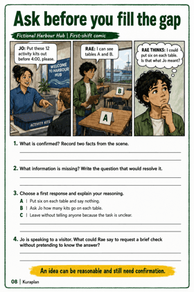 Use a fictional kit-preparation conversation to identify the missing allocation, choose a useful clarification and practise a brief request.