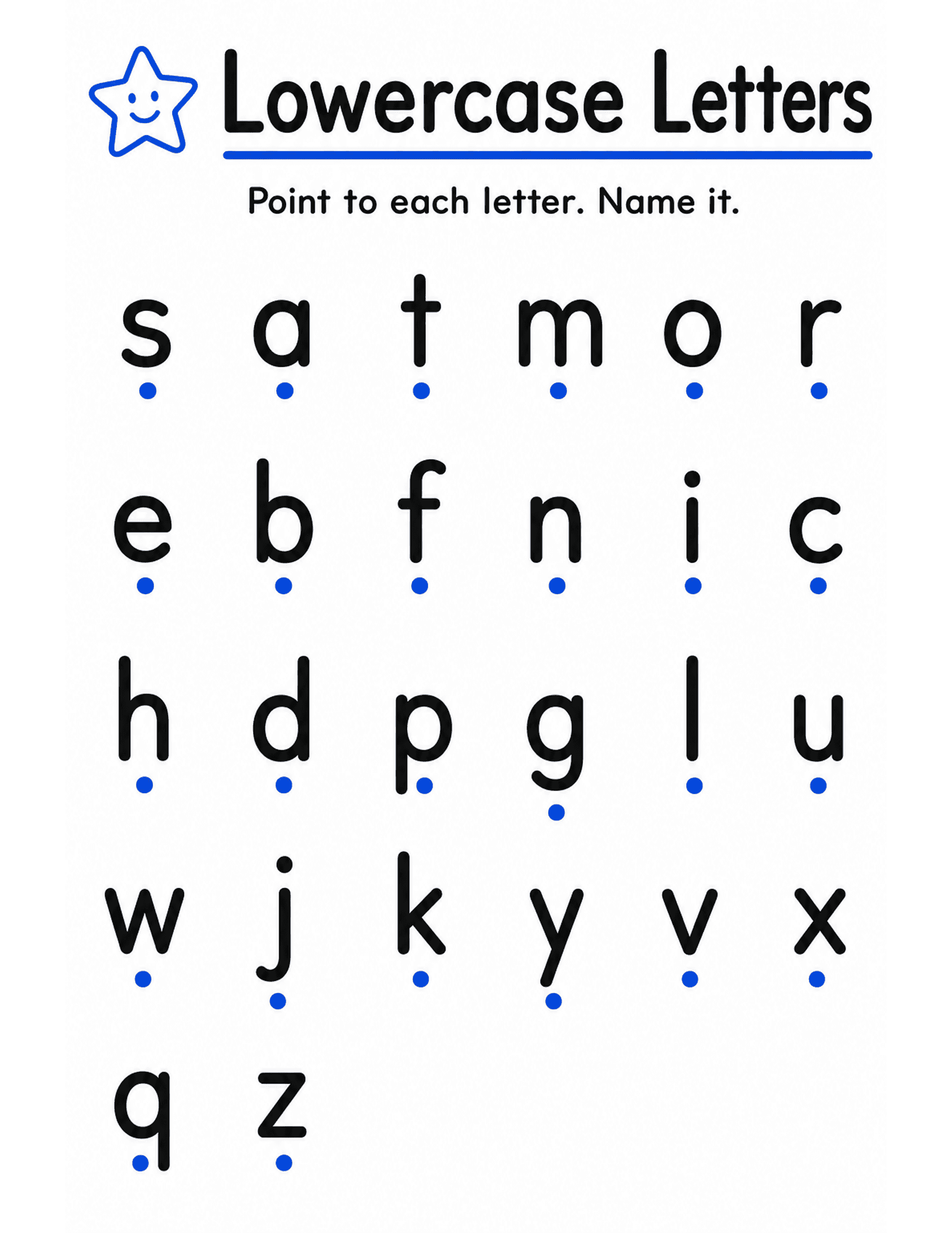 US Letter K-2 printable: Lowercase Letters. Student card: all 26 lowercase letters in scrambled order for letter ID checks.