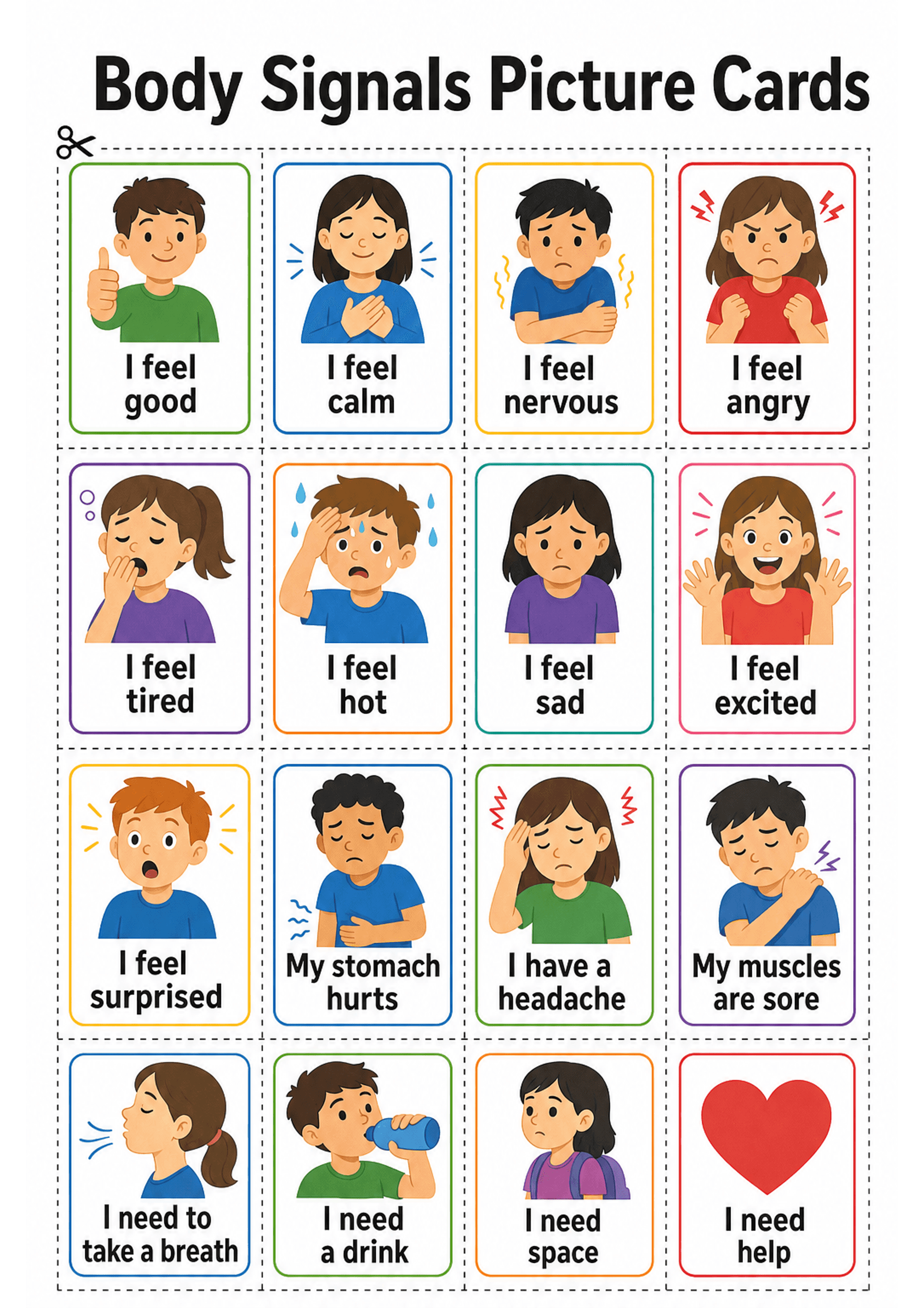 Body Signals Picture Cards: A single A4 printable title 'Body Signals Picture Cards' at top and a grid of rectangular cards with dashed cut lines; each card has a coloured border, a cartoon illustration of a child showing an expression or body cue, and a bold short caption beneath (e.g. 'I feel calm', 'I feel angry', 'My stomach hurts', 'I need a drink', 'I need space', 'I need help'); approximately 16+ cards visible; clear cut/laminate suggestion implied by scissors icon near title.