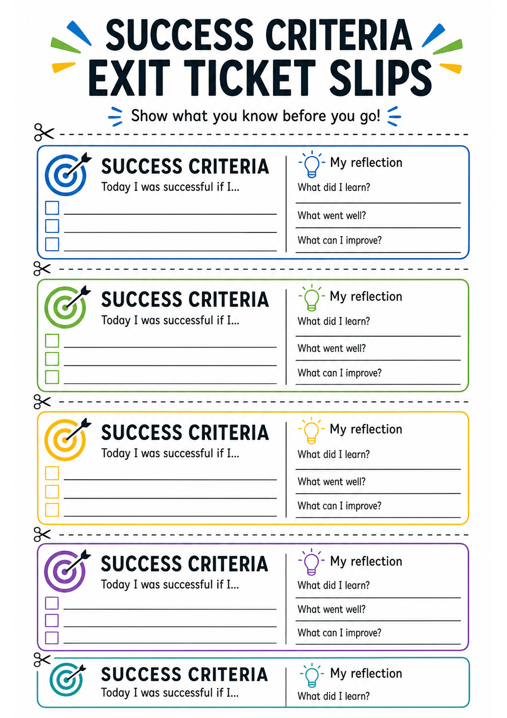 Success Criteria Exit Ticket Slips: A vertical A4 layout with a large title 'SUCCESS CRITERIA EXIT TICKET SLIPS' at the top and dashed cut lines between multiple horizontal coloured strips. Each strip has: left side — target icon, heading 'SUCCESS CRITERIA', subtext 'Today I was successful if I...' with three empty checkboxes and three short lines for writing; a thin vertical divider; right side — lightbulb icon and heading 'My reflection' with three labelled prompts and single-line answer spac...
