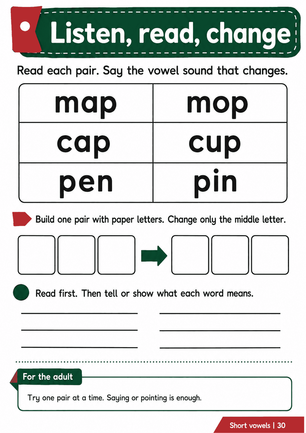 Read map/mop, cap/cup and pen/pin; identify the changing vowel and build one pair.