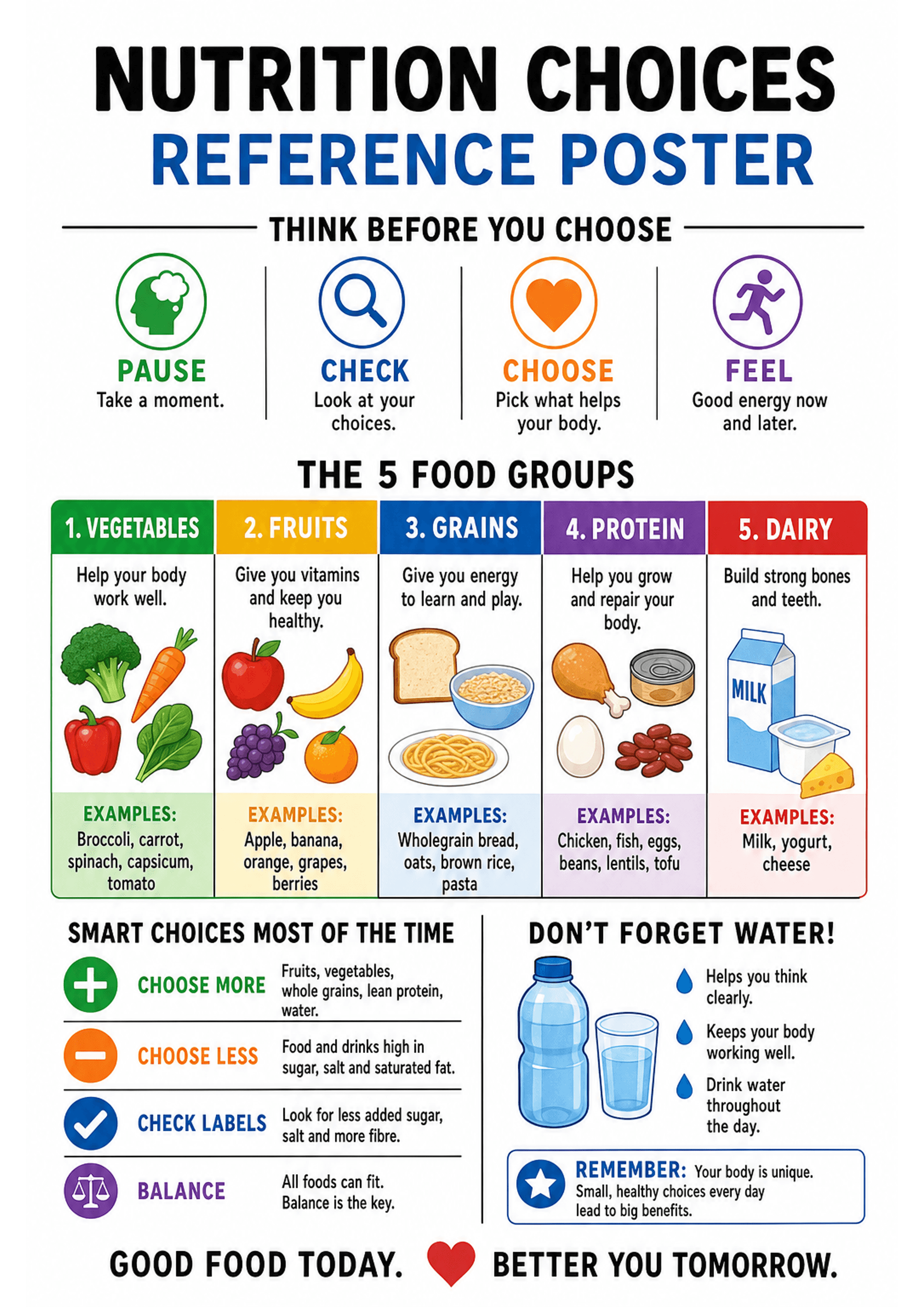 Nutrition Choices Reference Poster: Large title header, four-step decision strip with icons (Pause, Check, Choose, Feel) across the top; a wide band titled 'The 5 Food Groups' with five vertical coloured columns (1 Vegetables, 2 Fruits, 3 Grains, 4 Protein, 5 Dairy) each containing a short one-line benefit, colourful food illustrations and an 'Examples:' list; below that left column lists 'Smart choices most of the time' with icons for Choose More / Choose Less / Check Labels / Balance; right c...