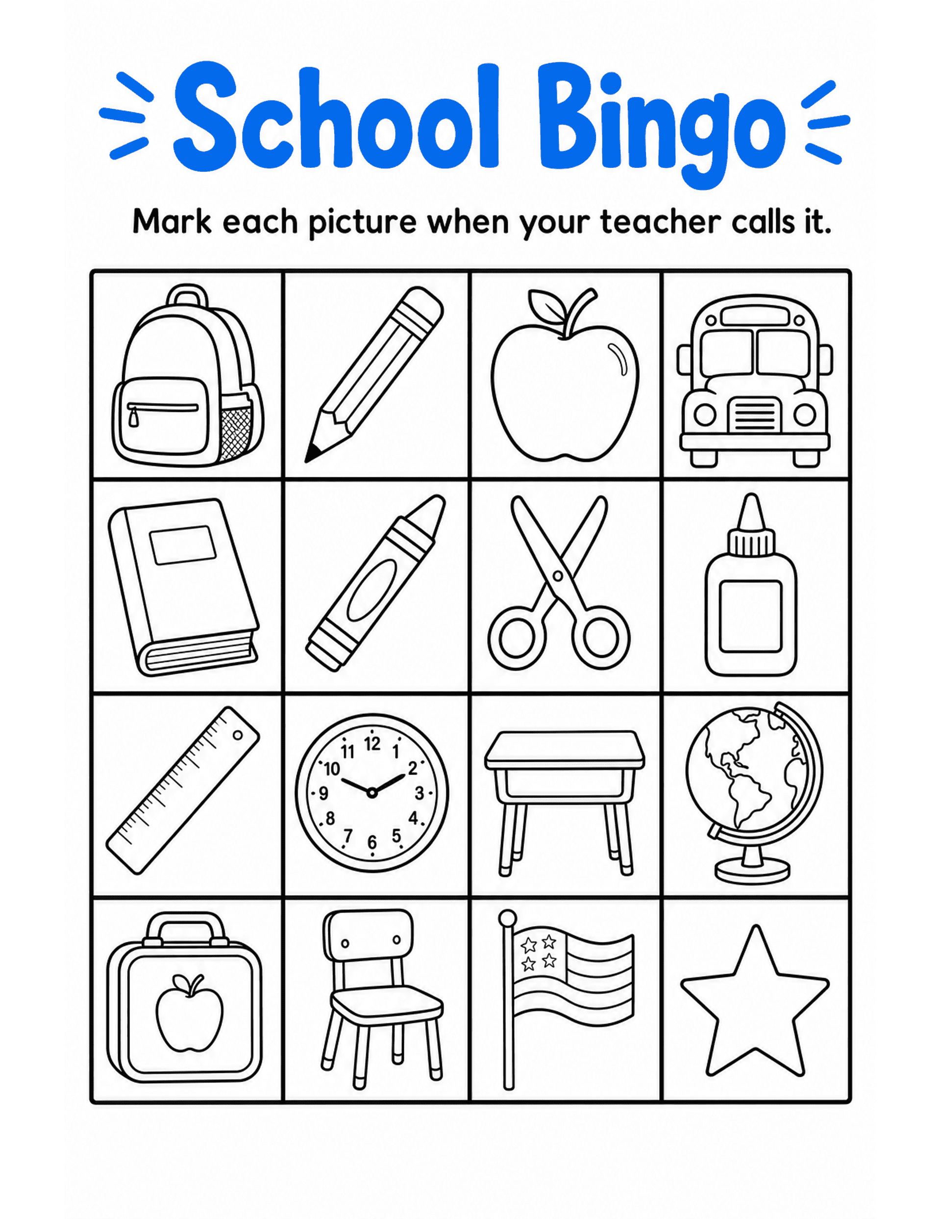US Letter K-2 printable: School Bingo. Back-to-school picture bingo card A with a 4 by 4 grid of school icons.