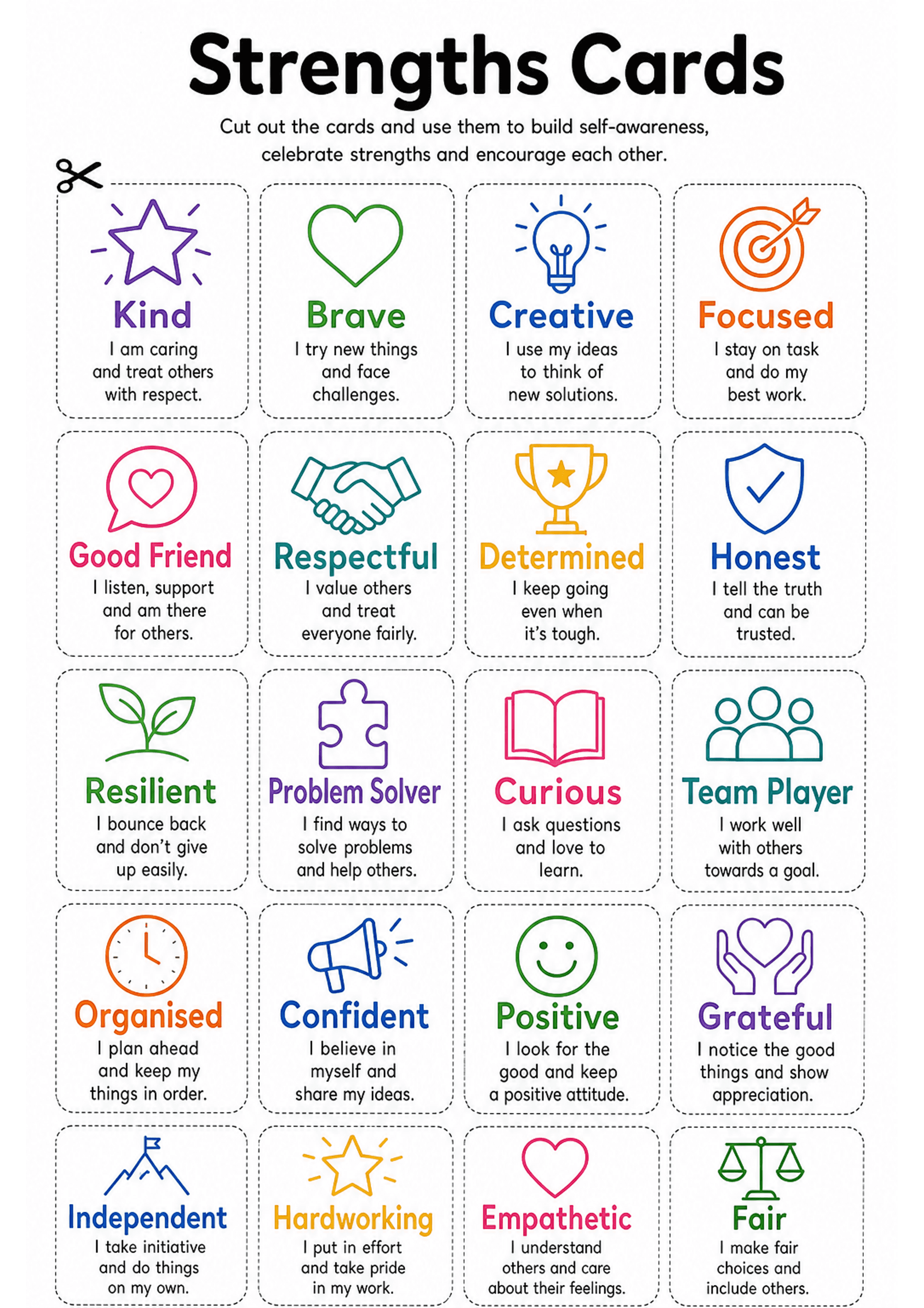 Strengths Cards: A titled header 'Strengths Cards' with a one-line instruction; a grid of ~20 rectangular cards arranged 4 across by 5 down on A4, each card inside a dashed cut line with a coloured line-icon at the top, a bold single-word label (e.g. Kind, Brave, Creative) and a short 1–2 line descriptor sentence (e.g. 'I am caring and treat others with respect.'). Distinct colour per card and a scissor icon indicating cut-out.