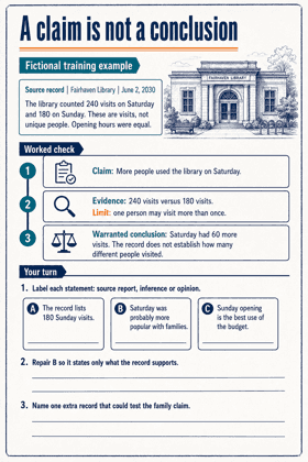 Library visit record, three worked checking steps and three blank learner tasks.