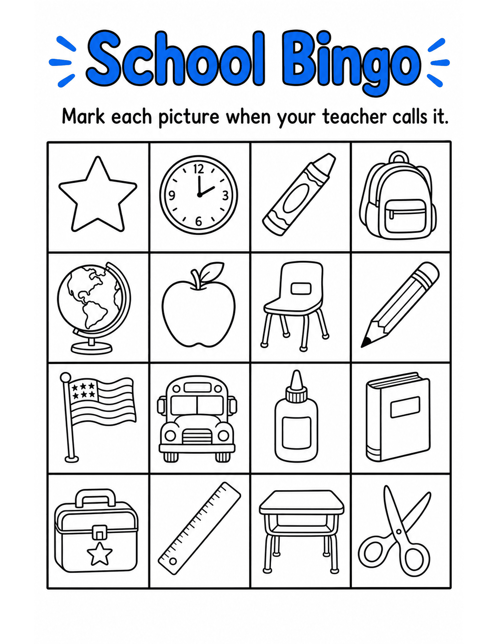 US Letter K-2 printable: School Bingo. Back-to-school picture bingo card B with the same icons in a different arrangement.