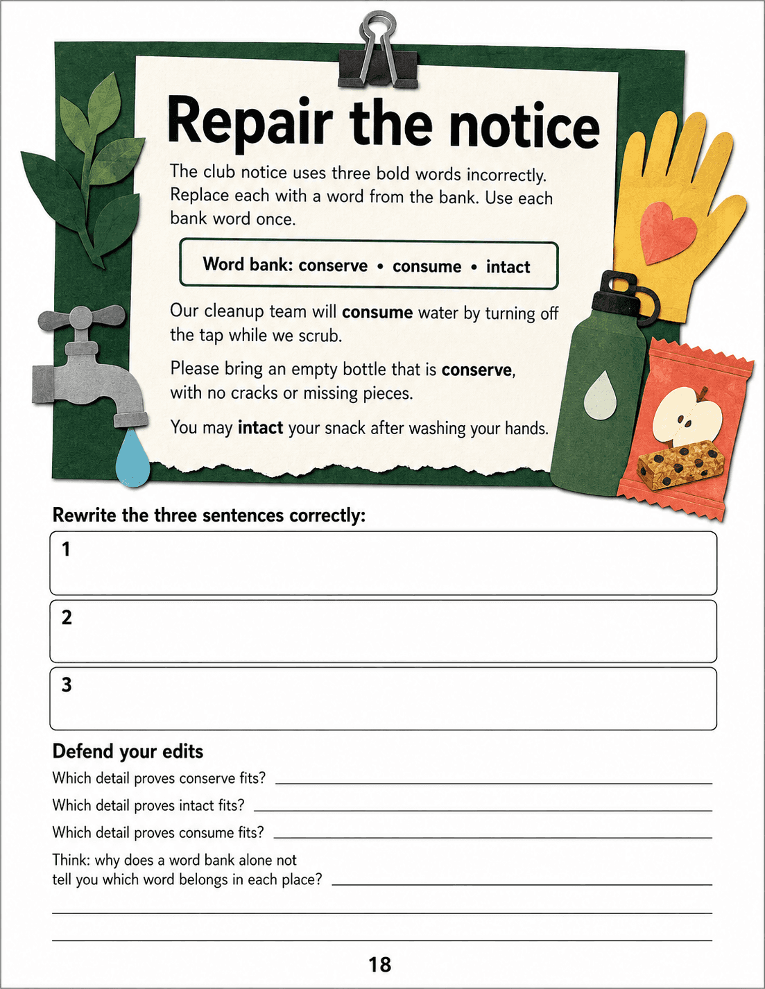 A club notice deliberately misuses three words, with blank spaces for corrected sentences and evidence.