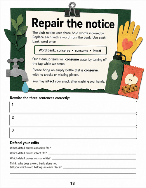 A club notice deliberately misuses three words, with blank spaces for corrected sentences and evidence.