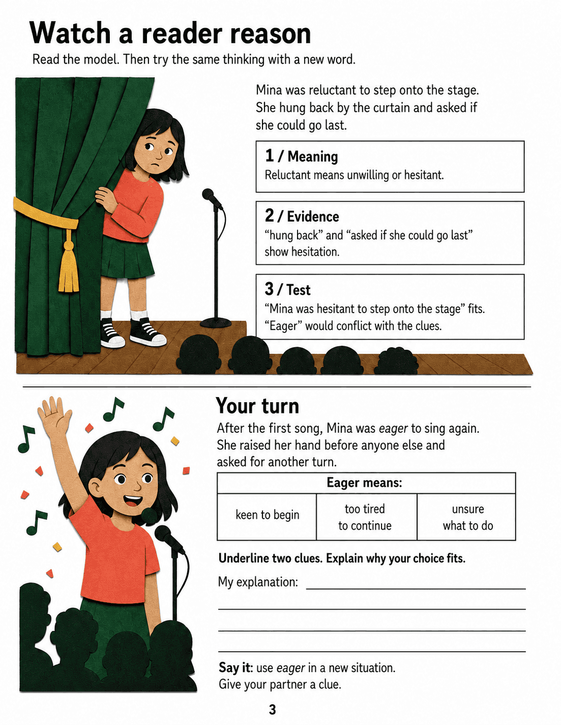 A hesitant singer by a curtain and a volunteer raising her hand, with a worked model and evidence-response space.
