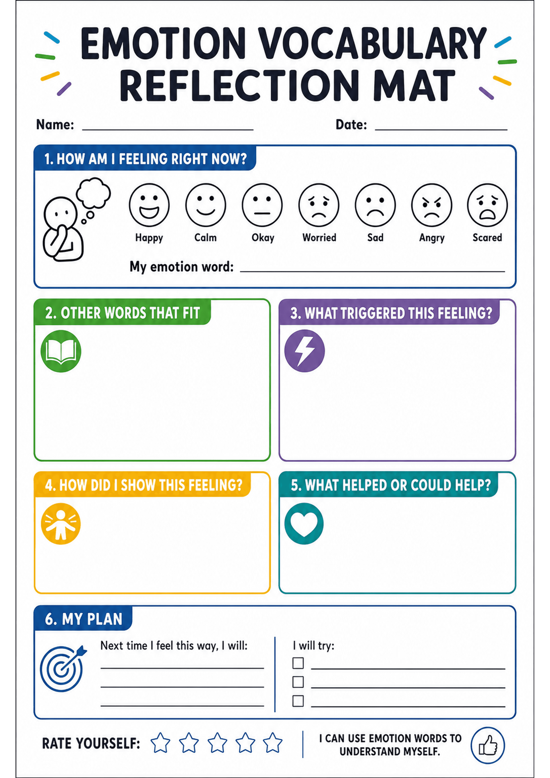 Emotion Vocabulary Reflection Mat: A4 portrait sheet with header 'Emotion Vocabulary Reflection Mat', name and date lines; Section 1 (blue) 'How am I feeling right now?' shows seven simple face icons labelled Happy, Calm, Okay, Worried, Sad, Angry, Scared and a line 'My emotion word:' for a written response; Section 2 (green) 'Other words that fit' (large empty box with book icon); Section 3 (purple) 'What triggered this feeling?' (empty box with lightning icon); Section 4 (orange) 'How did I s...
