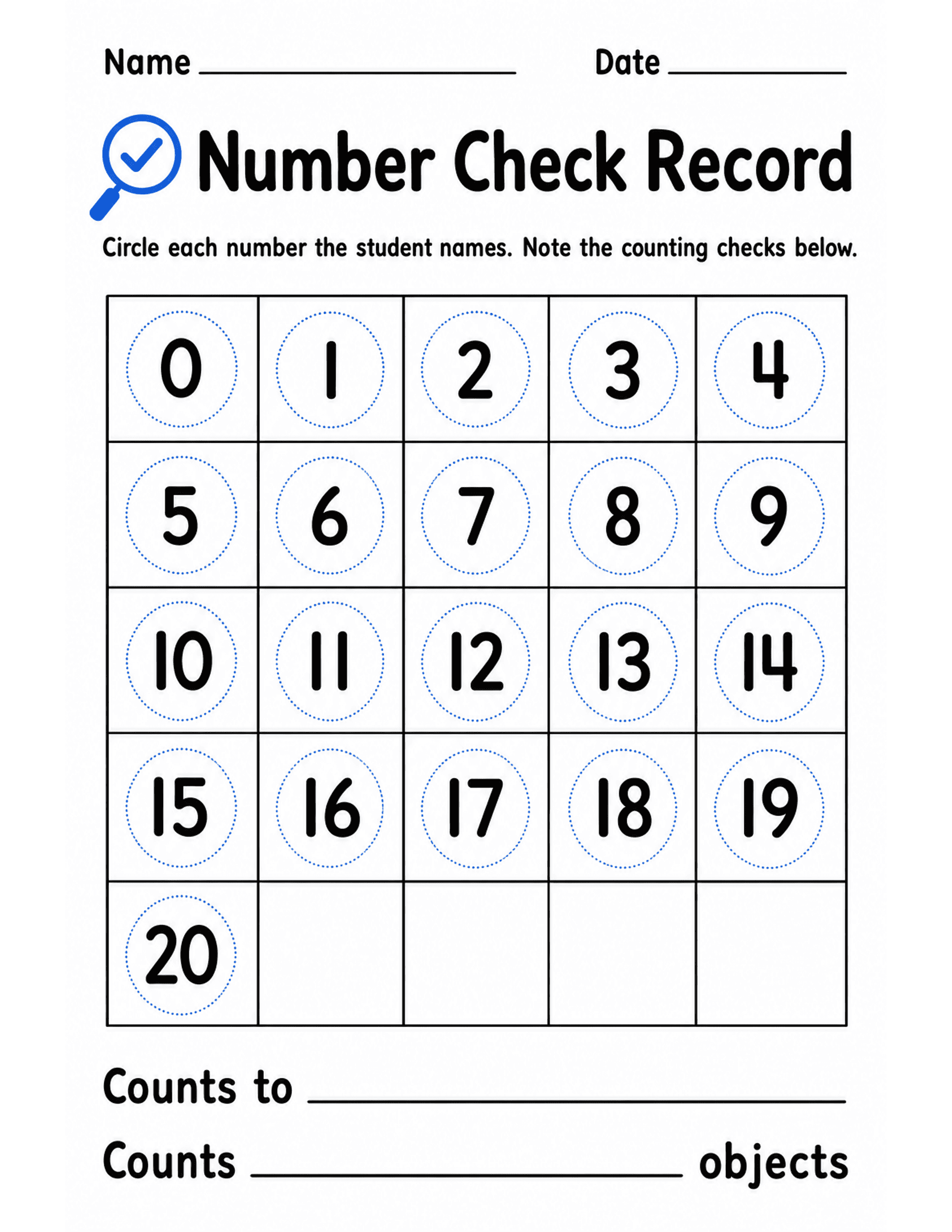 US Letter K-2 printable: Number Check Record. Teacher recording sheet for number ID and counting checks.