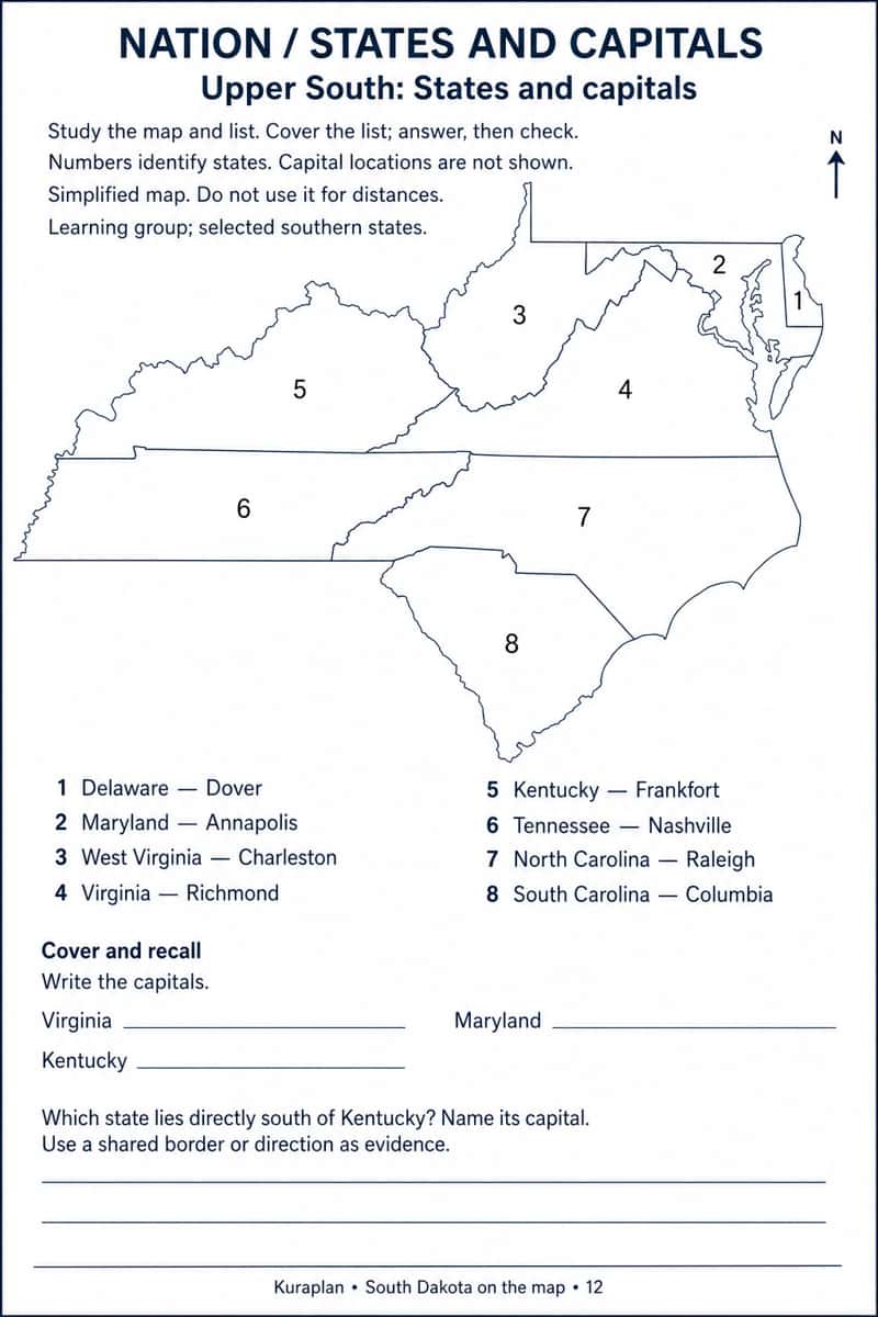 Eight selected Upper South states with interior number labels, capital pairs and recall questions.