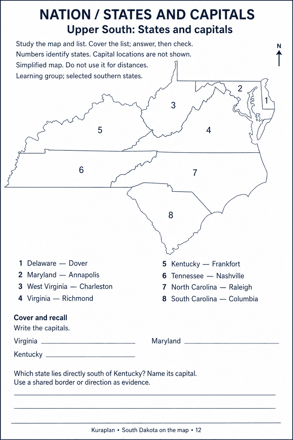 Eight selected Upper South states with interior number labels, capital pairs and recall questions.