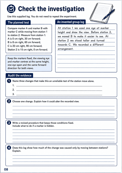Check the investigation. Audit a supplied investigation log to identify changes in marker position, eye height and facing that prevent a fair viewpoint comparison.