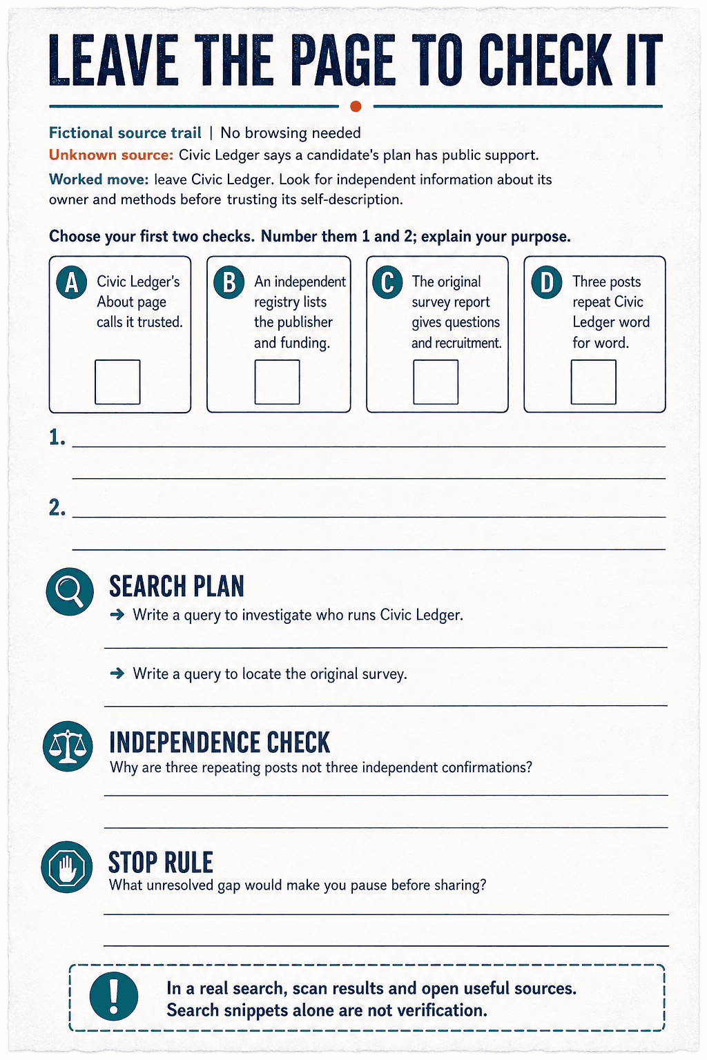 Four source cards with blank rank boxes, explanation lines, search plan and stop rule.