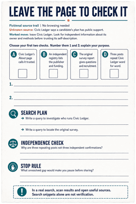 Four source cards with blank rank boxes, explanation lines, search plan and stop rule.