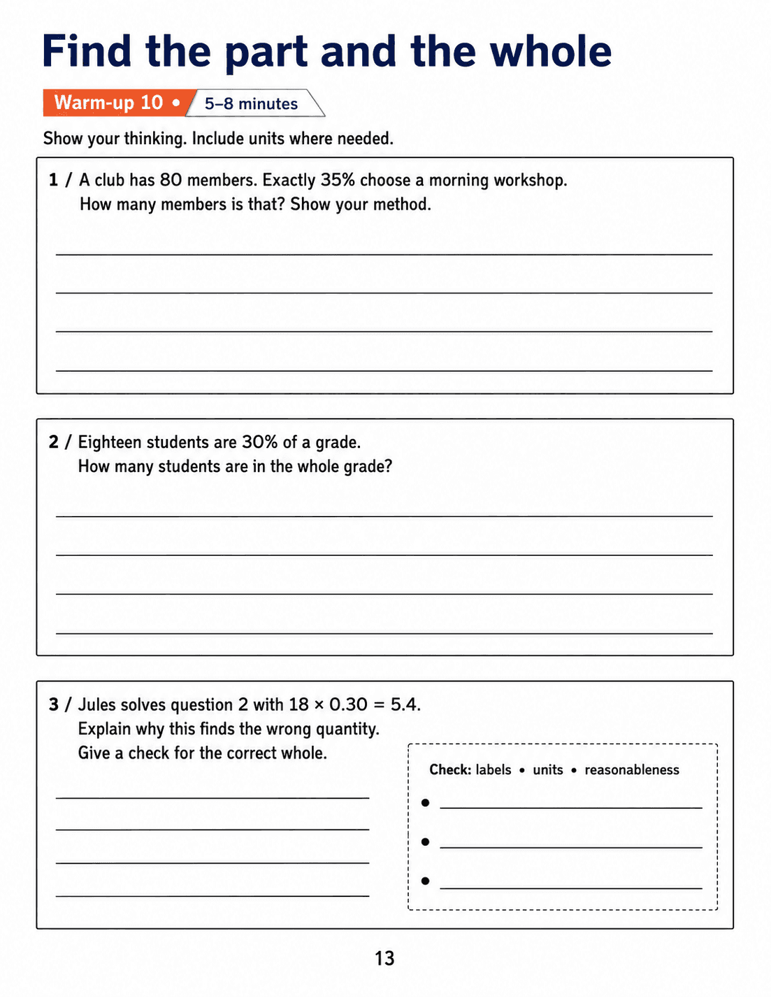 Find the part and the whole: Grade 6 math warm-up. Solve two percent situations and explain why multiplying a known percent part by the percent does not recover the whole. Includes three numbered tasks and space to explain reasoning.
