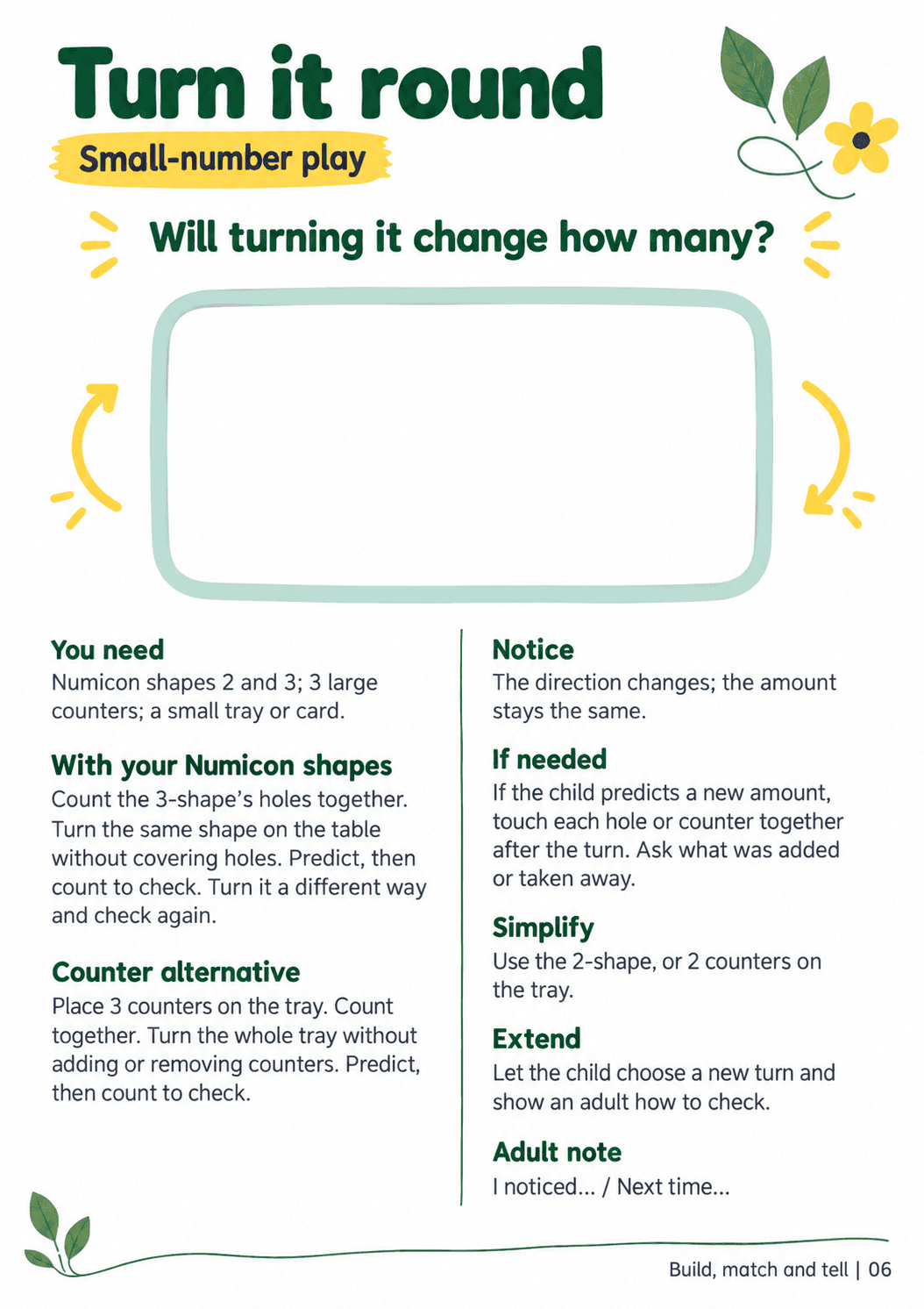 A4 adult guide, “Turn it round”, with material lists, Numicon and counter routes, checking prompts and space for a brief adult note.