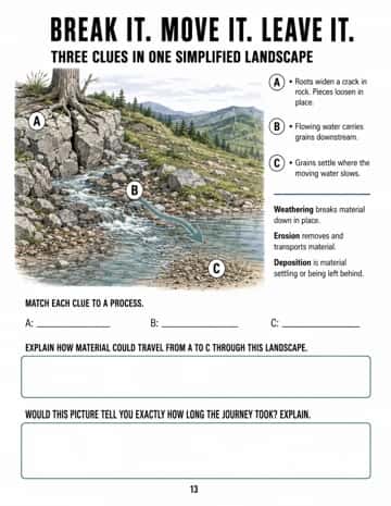 Match three clues in one connected landscape to weathering, erosion and deposition, then explain a possible journey and its limits.