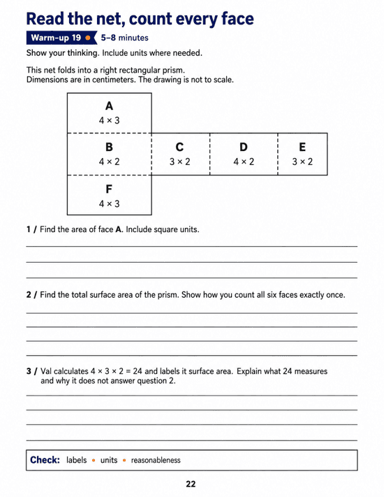 Read the net, count every face: Grade 6 math warm-up. Find one face area, count all six faces of a labelled net and explain what a volume calculation measures. Includes three numbered tasks and space to explain reasoning.