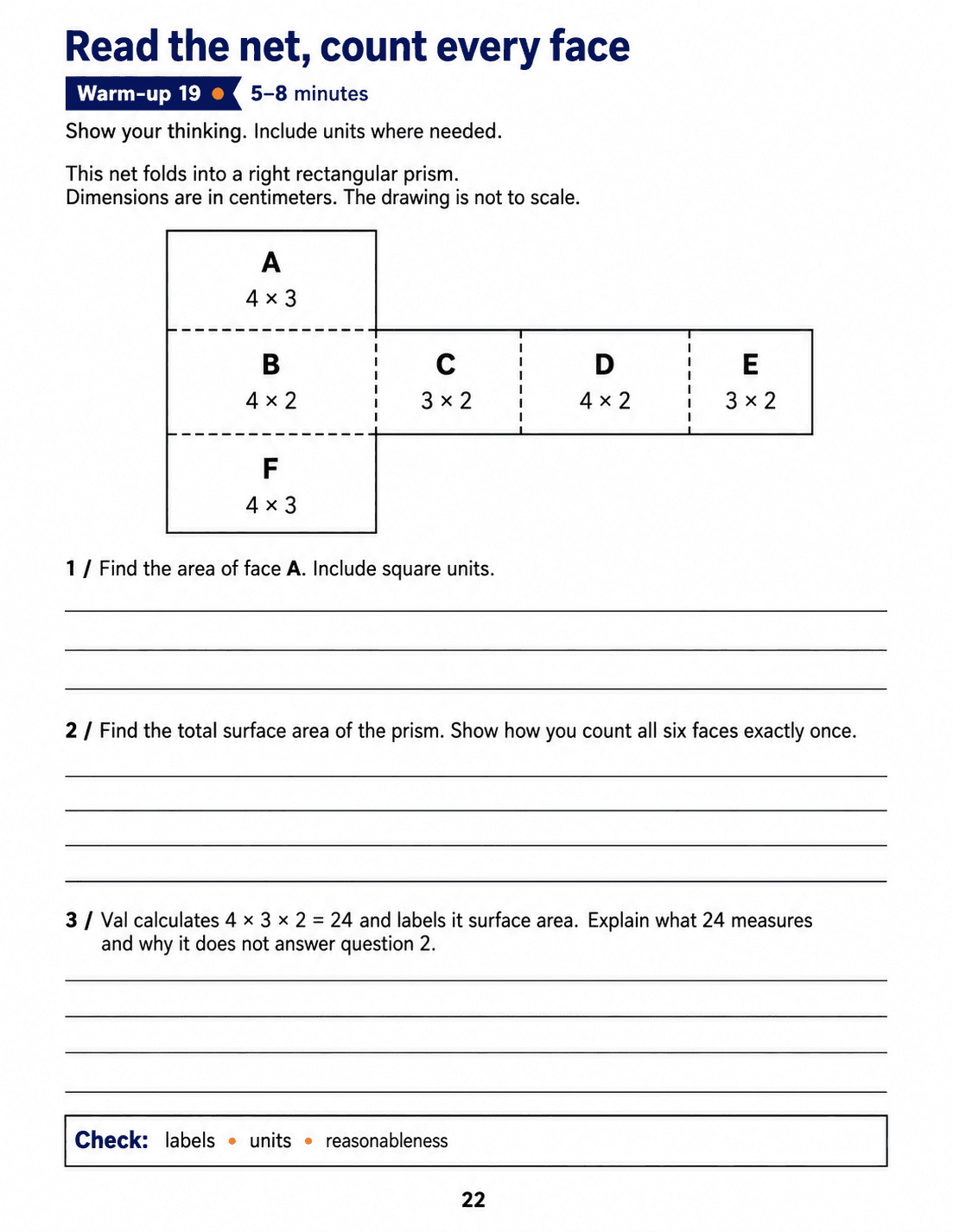 Read the net, count every face: Grade 6 math warm-up. Find one face area, count all six faces of a labelled net and explain what a volume calculation measures. Includes three numbered tasks and space to explain reasoning.