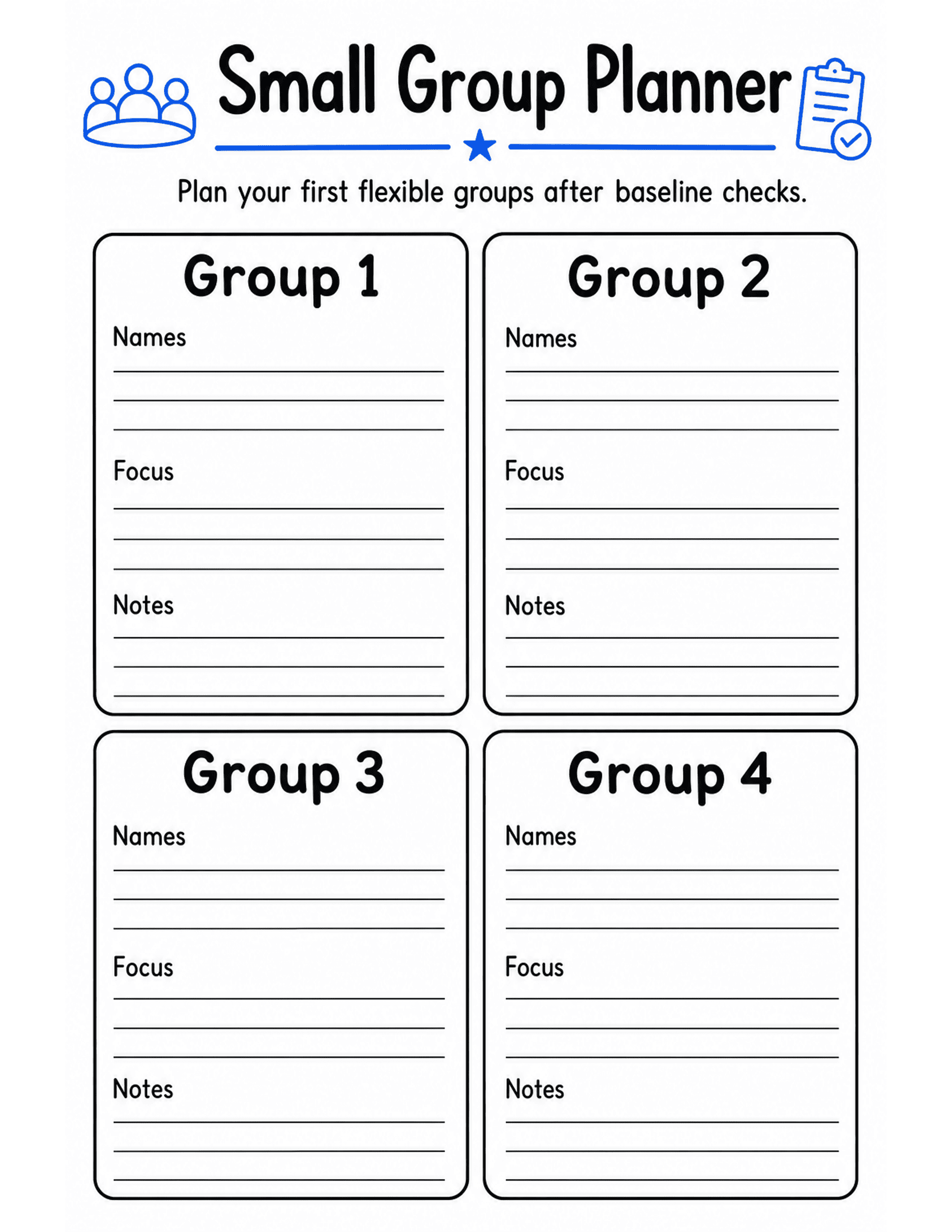 US Letter K-2 printable: Small Group Planner. Planning sheet with four group boxes: names, focus, notes.