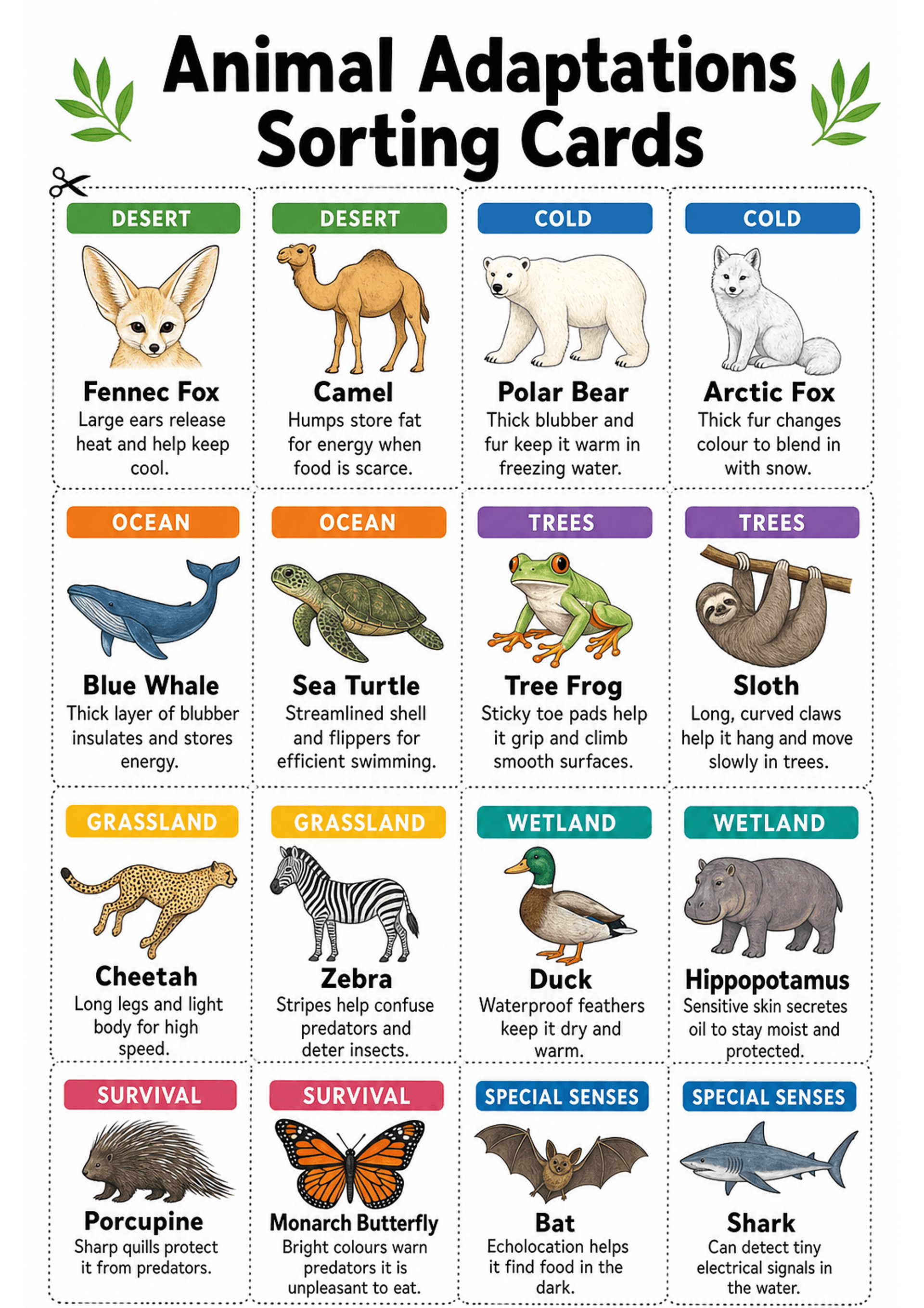 Animal Adaptations Sorting Cards: A single A4 sheet with multiple rectangular cards arranged in a grid separated by dotted cut lines and a scissors icon. Each card has a coloured header label (e.g., DESERT, COLD, OCEAN, TREES, GRASSLAND, WETLAND, SURVIVAL, SPECIAL SENSES), a full-colour animal illustration, the animal name in bold (e.g., Fennec Fox, Camel, Polar Bear, Blue Whale, Sea Turtle, Tree Frog, Sloth, Cheetah, Zebra, Duck, Hippopotamus, Porcupine, Monarch Butterfly, Bat, Shark), and a o...