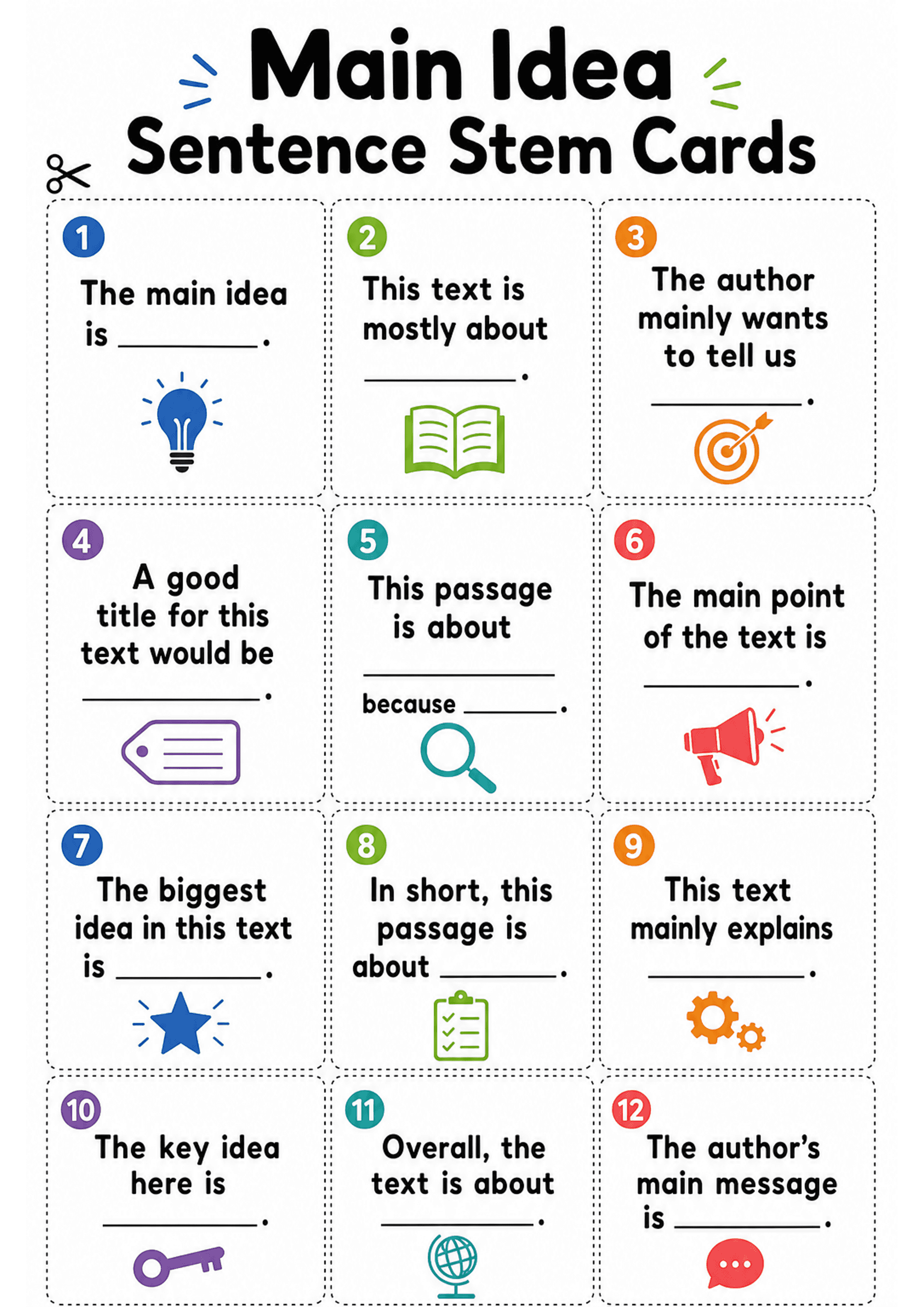 Main Idea Sentence Stem Cards: A large header 'Main Idea Sentence Stem Cards' at top; a grid of 12 rectangular cards with dashed cut lines, each card numbered in a small coloured circle (1–12), bold sentence stem text with one or two blank lines for student completion, a small themed icon at the bottom of each card (lightbulb, target, magnifying glass, tag, megaphone, star, clipboard, globe, etc.), and clear white background with chunky, high-contrast font.
