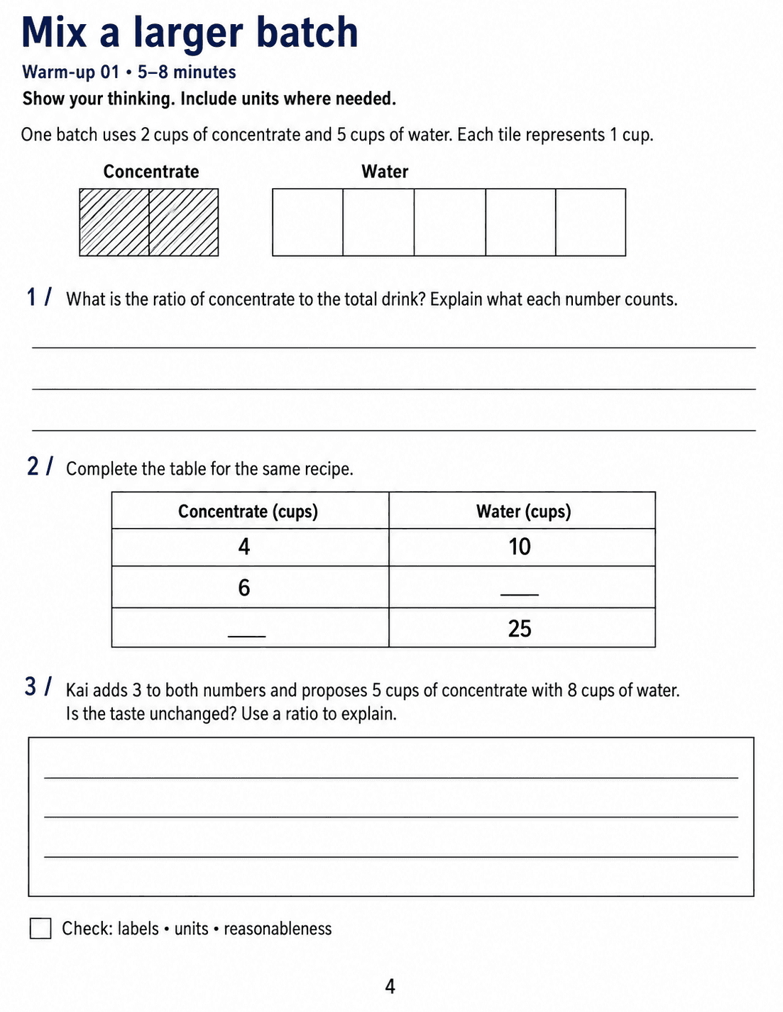 Mix a larger batch: Grade 6 math warm-up. Use a recipe tile model and ratio table to compare parts with the whole, complete equivalent ratios and explain why adding equal amounts changes a mixture. Includes three numbered tasks and space to explain reasoning.