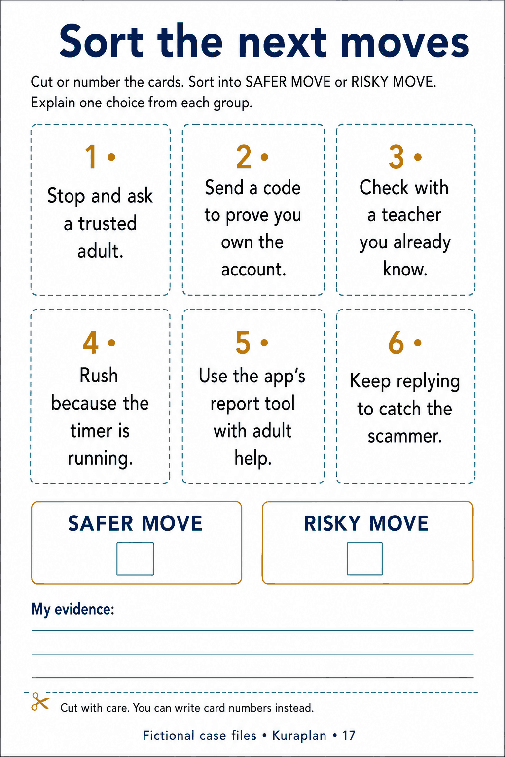 Sort the next moves. Categorise protective and risky responses.