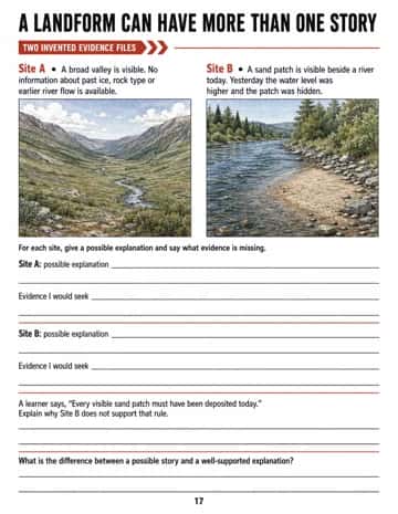 Use two invented landscape evidence files to propose cautious explanations and challenge the claim that every newly visible sand patch was deposited today.