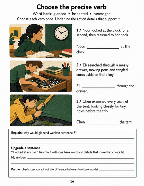 A reader glances at a clock, a child rummages in a drawer and a camper inspects tent seams.