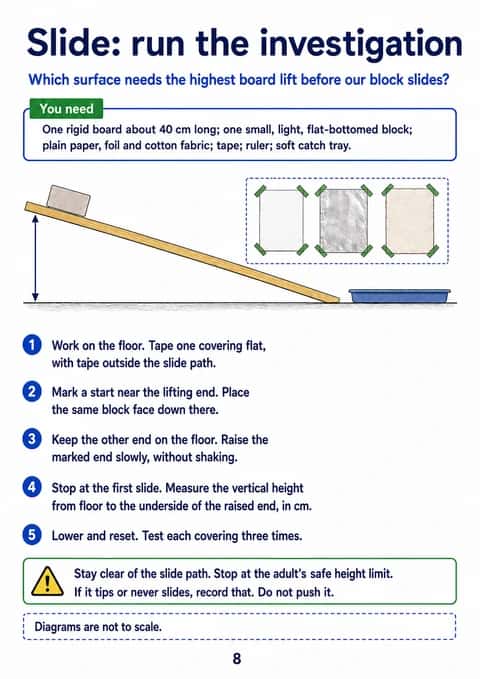Low board, wooden block and catch tray with vertical lift-height arrow above a five-step method.