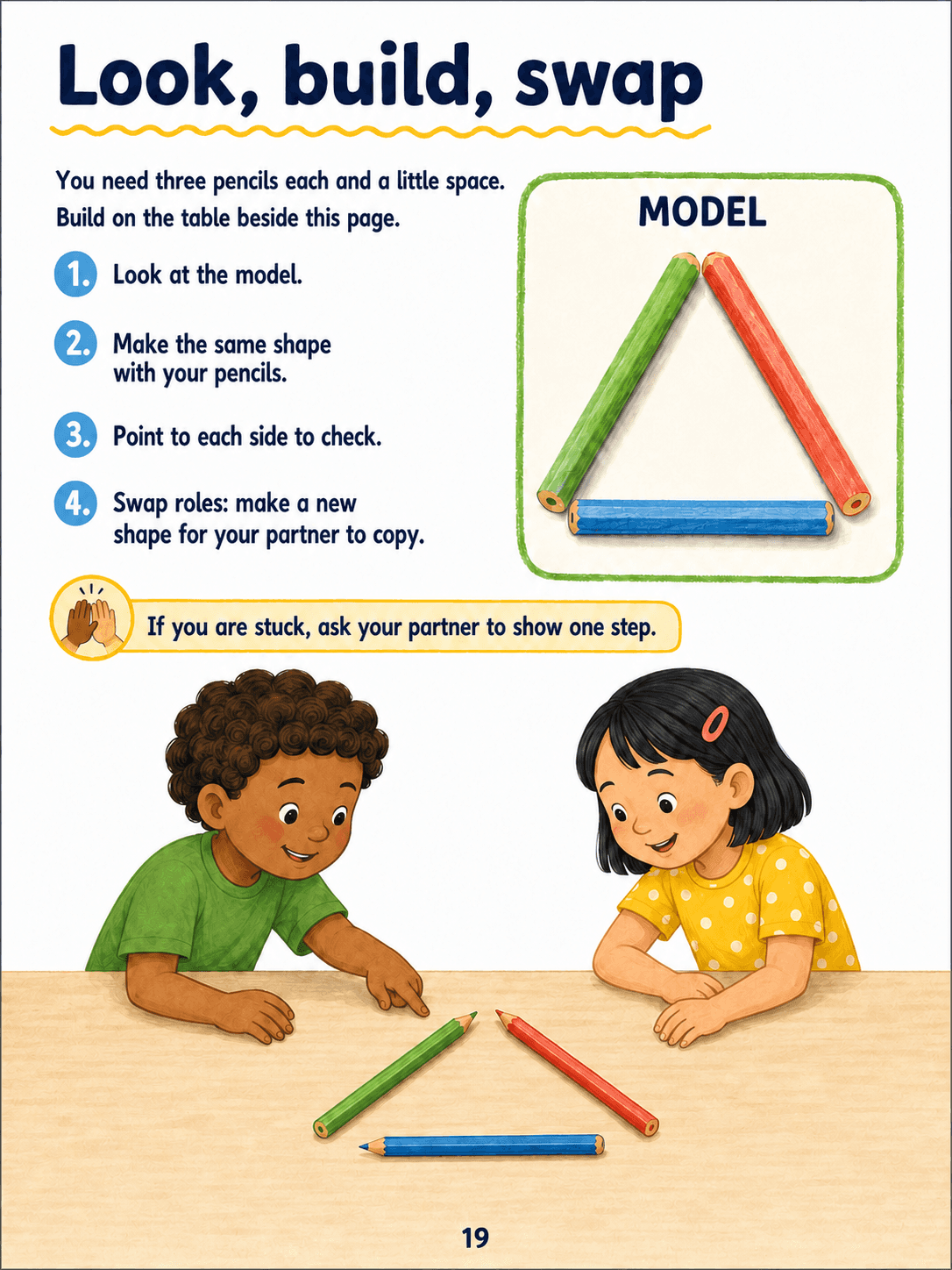 A three-pencil triangle model and two children copying it on a table.