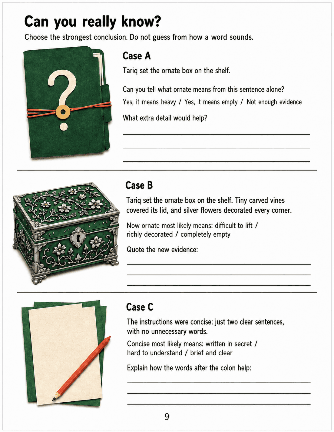 Three evidence cases compare an unspecified box, an ornate box and concise instructions.