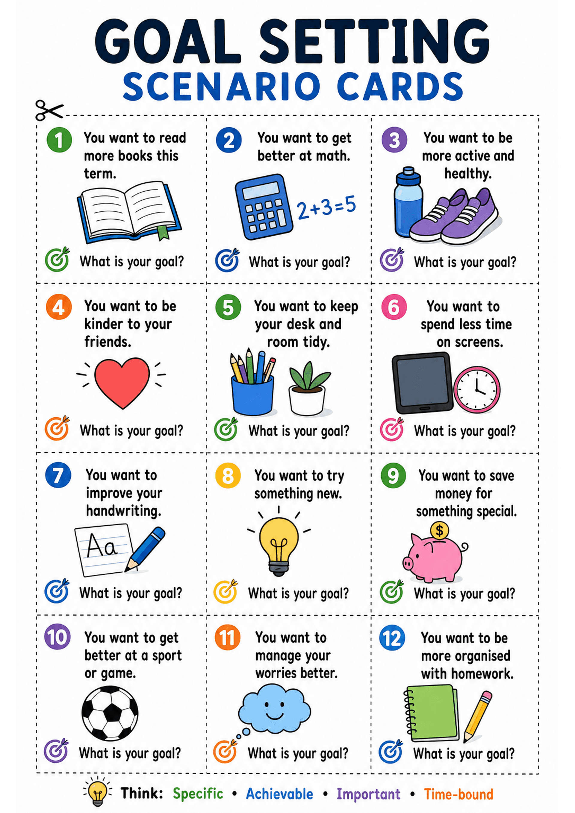 Goal Setting Scenario Cards: A portrait A4 layout with a bold header 'GOAL SETTING SCENARIO CARDS', a grid of numbered, dotted-line cards (visible numbers at least 1–12) each containing: a coloured number circle, a one-line scenario beginning 'You want to...', a large supporting icon (book, calculator, trainers/water bottle, heart, tidy desk items, tablet/clock, handwriting, lightbulb, piggy bank, football, cloud/worries, notebook/pencil), a small target icon and the prompt 'What is your goal?'...
