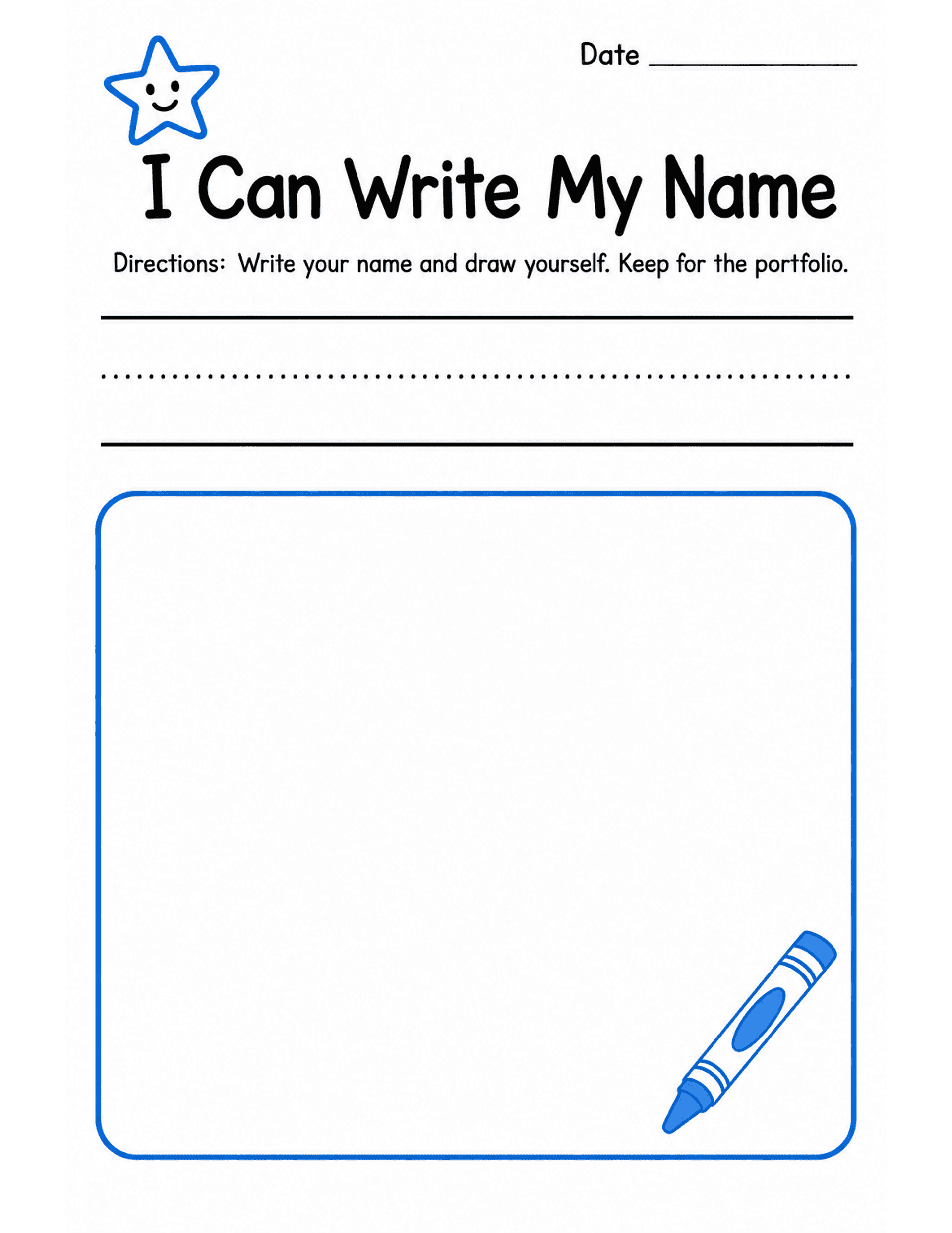 US Letter K-2 printable: I Can Write My Name. Name writing and drawing baseline sheet with dated boxes.