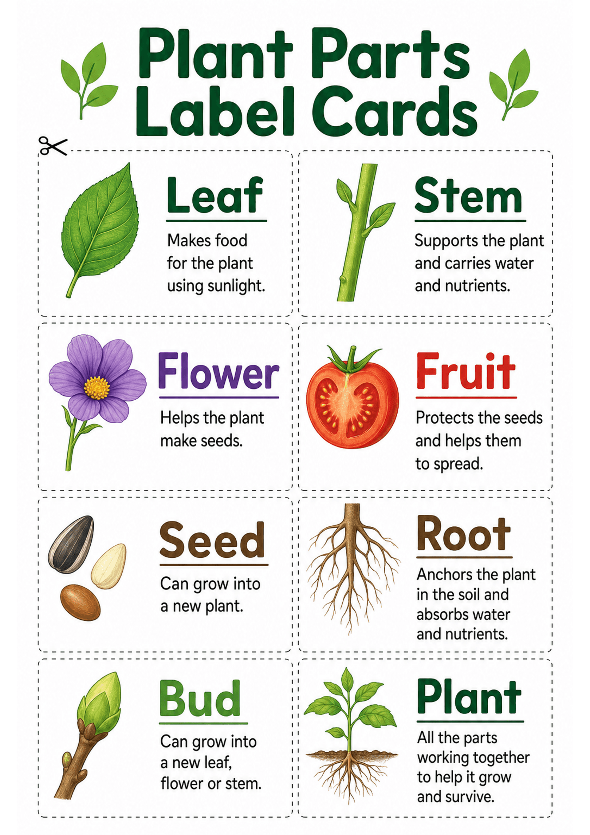 Plant Parts Label Cards: A single A4 portrait page with dashed cut lines dividing it into eight rectangular cards arranged in two columns; each card contains a realistic coloured illustration (leaf, stem, flower, fruit/tomato, seed, root, bud, whole plant), a large bold coloured heading (underlined), and a 1–2 line explanatory sentence in plain text. A small scissors icon indicates cutting. Text density is low with one short sentence per card.
