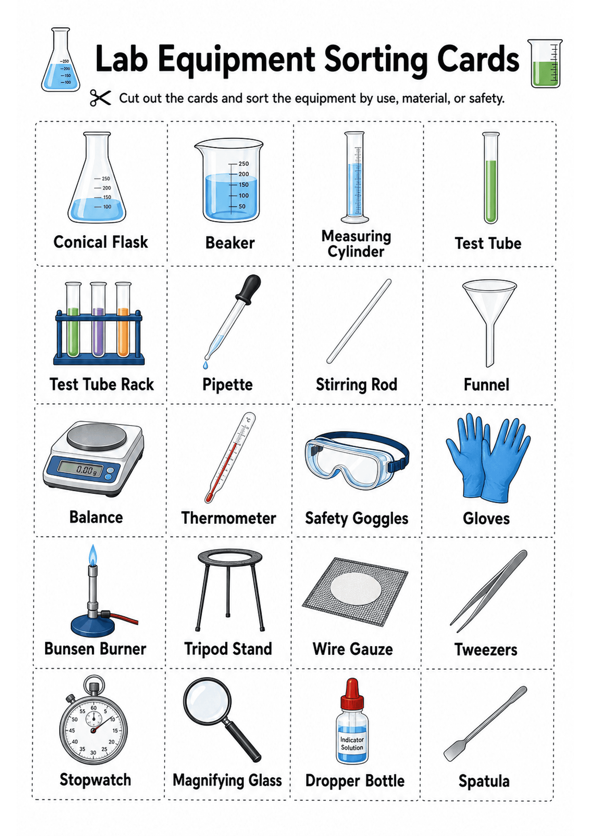 Lab Equipment Sorting Cards: A titled A4 printable ('Lab Equipment Sorting Cards') with a short instruction line and a grid of dashed-outline square cards to cut out. Each card shows a coloured clip-art illustration above a bold label: Conical Flask, Beaker, Measuring Cylinder, Test Tube, Test Tube Rack, Pipette, Stirring Rod, Funnel, Balance, Thermometer, Safety Goggles, Gloves, Bunsen Burner, Tripod Stand, Wire Gauze, Tweezers, Stopwatch, Magnifying Glass, Dropper Bottle (Indicator Solution),...