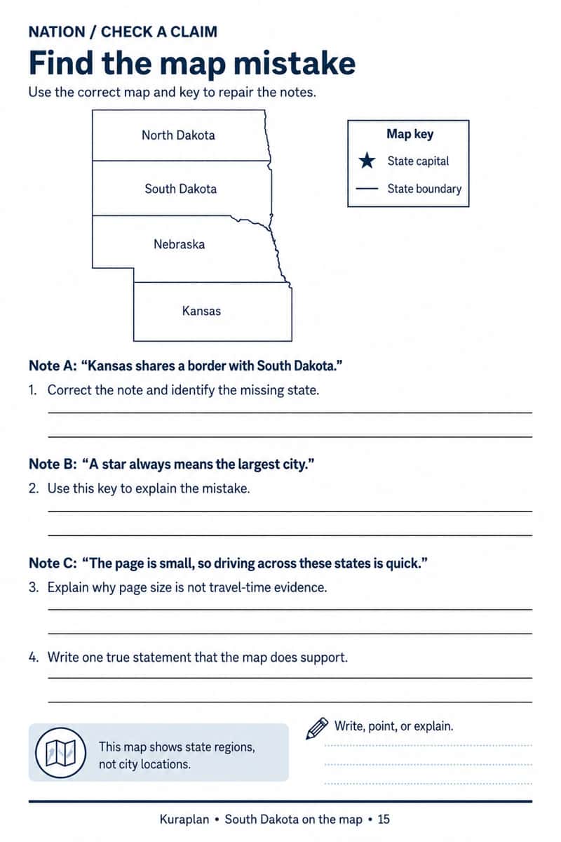 A four-state map and map key beside three incorrect claims for learners to repair using evidence.