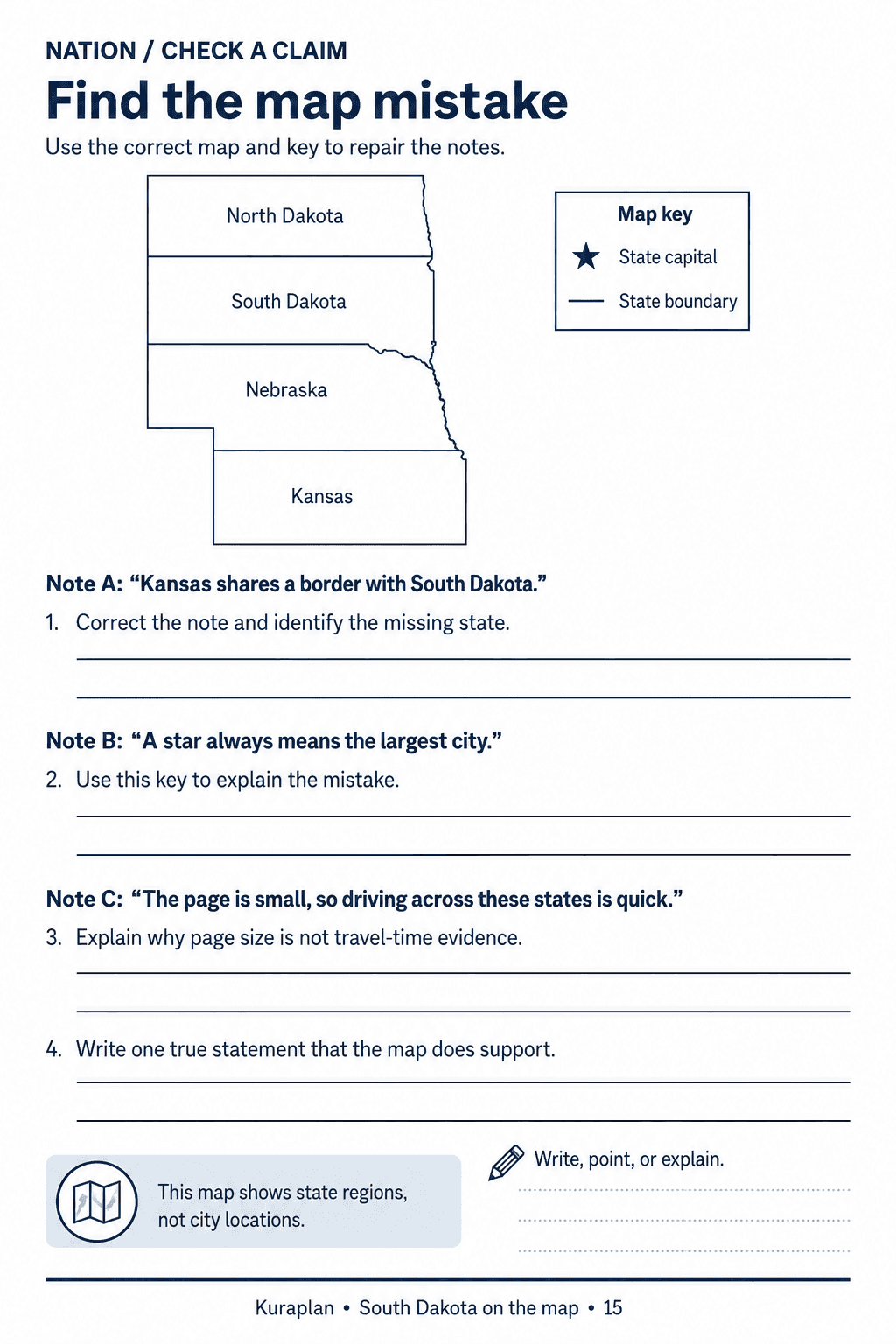 A four-state map and map key beside three incorrect claims for learners to repair using evidence.