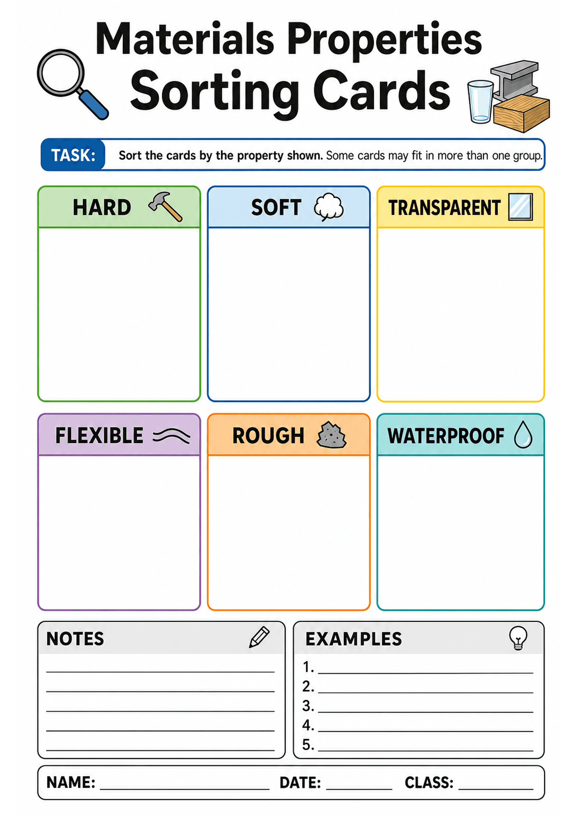 Materials Properties Sorting Cards: Large title 'Materials Properties Sorting Cards'; short task instruction ('Sort the cards by the property shown. Some cards may fit in more than one group.'); six coloured labelled boxes with icons and headings: HARD (hammer icon), SOFT (cotton icon), TRANSPARENT (window icon), FLEXIBLE (wavy lines), ROUGH (rock icon), WATERPROOF (water droplet). Lower section contains lined 'NOTES' box, numbered 'EXAMPLES' list (1–5), and fields for NAME, DATE, CLASS. Simple...