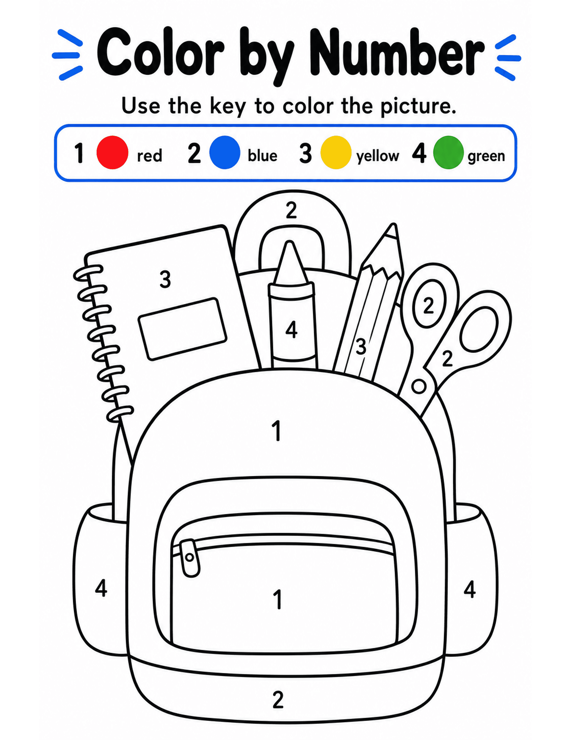 US Letter K-2 printable: Color by Number. K-2 color-by-number backpack scene with a 1 to 4 color key.
