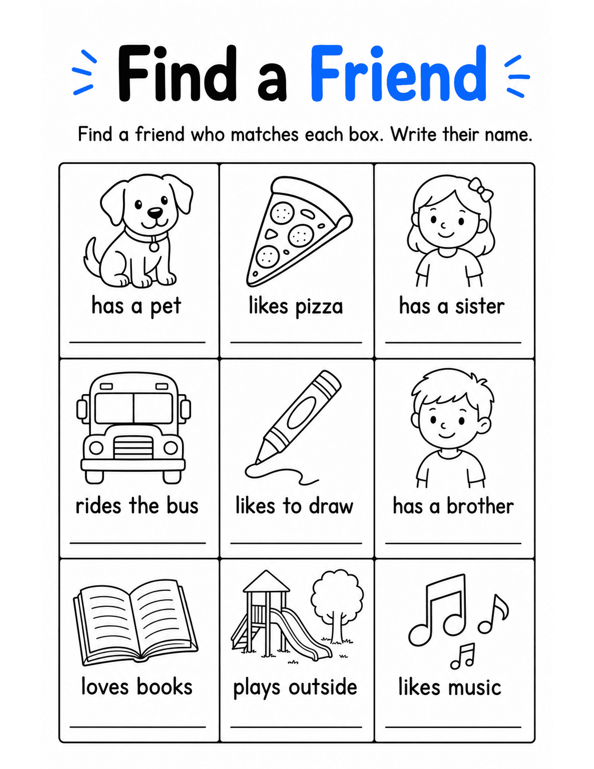 US Letter K-2 printable: Find a Friend. K-2 icebreaker grid: find a friend who matches each picture square.