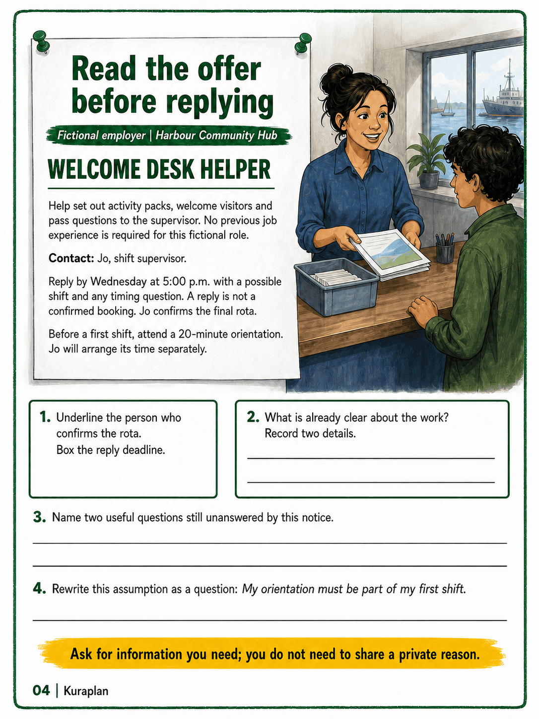 Read a fictional welcome-desk notice, identify who confirms the rota and the reply deadline, then separate known facts from useful questions.