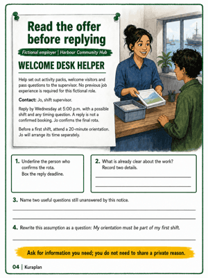 Read a fictional welcome-desk notice, identify who confirms the rota and the reply deadline, then separate known facts from useful questions.