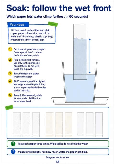 Cup cross-section showing a paper strip at the waterline and a wet-front-height arrow beside the complete method.