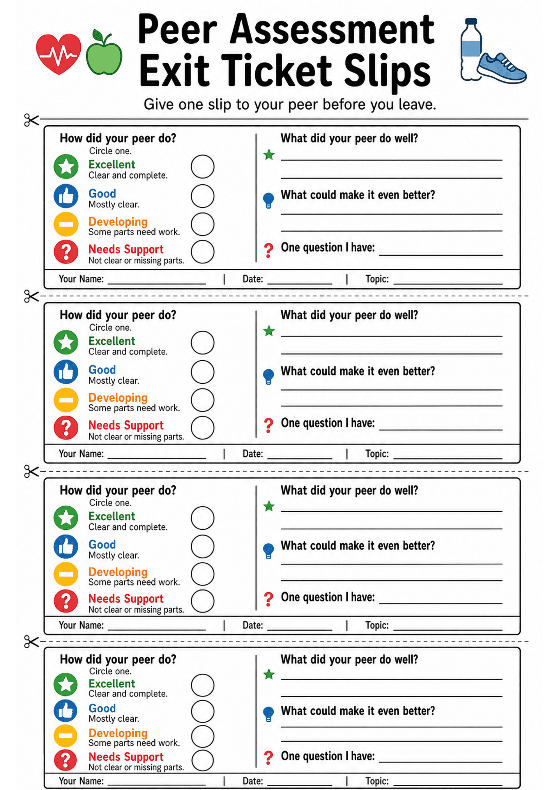 Peer Assessment Exit Ticket Slips: A4 page with multiple identical horizontal slips separated by dashed cut lines; header 'Peer Assessment Exit Ticket Slips'. Left column: 'How did your peer do? Circle one.' with four coloured icon-led options and short descriptors — green star 'Excellent: Clear and complete', blue thumbs up 'Good: Mostly clear', orange bar 'Developing: Some parts need work', red question mark 'Needs Support: Not clear or missing parts' — each with an empty circular checkbox. R...